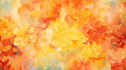 Vibrant watercolor painting of an abstract floral pattern in shades of yellow, orange, and red