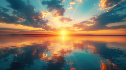 The sun is setting over the ocean, creating a colorful reflection on the water.