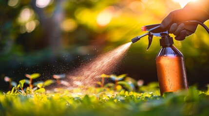 Close up pest control worker spraying pesticide on green lawn outdoors for precise application