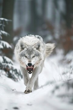 Intense image lone white wolf in snow-covered forest, exuding primal aggression