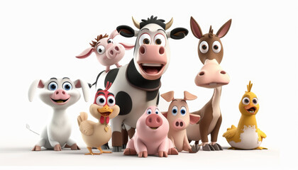 Group of cartoon farm animals including a cow, pig, and chicken. Concept of fun and farm life by AI generated image