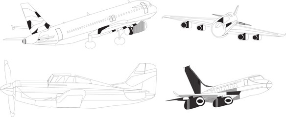 print Airplane Pattern Aircraft Vector Doodles Set3D Sketch architecture abstract Travel Funny Doodles Departing Airplane Drawing Airplane Sky Clouds Drawing Set of drawings of old planes on white 