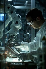 Intriguing image of an engineer using inspection robot arms technology in a factory, integrating