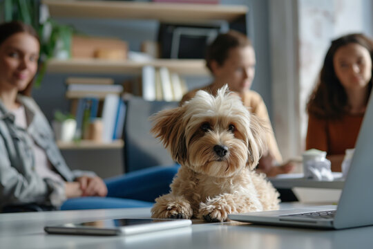 Cute dog brings happiness to a busy office, boosting team morale and productivity