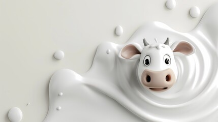 Splash of milk and cute cow with blank space background for advertising