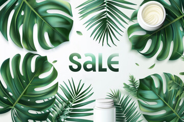 the inscription "sale" on white  background with tropical leaves and cosmetic product, summer discounts, seasonal sale