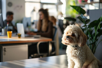 Small dog sits on a desk in a busy office, bringing happiness to the pet-friendly workplace as young professionals work in the background
