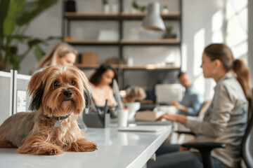 Small brown dog peacefully sits on a desk in a modern office, surrounded by its owner and friendly coworkers, adding cuteness to the professional environment