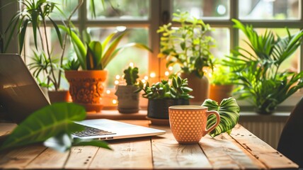 Cozy Home Office with Plants and Coffee