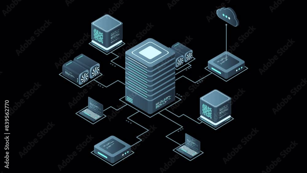 Poster Isometric computer technology animation. Computation of big data center. Cloud computing. Online devices upload and download information. Transparent background with alpha channel