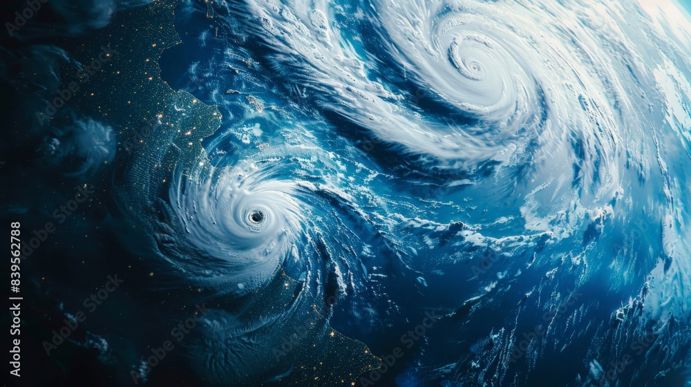Poster close-up view of planet earth with swirling storm patterns and the milky way. natural disasters and 