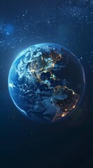 Naklejka premium Illuminated planet Earth with North and South America visible against the starry night sky. Global connectivity and cosmic beauty