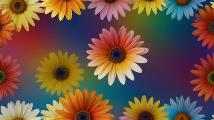 Whimsical daisies bloom against a rainbow gradient backdrop, creating a vibrant and enchanting scene filled with joy and color