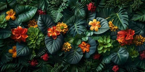 Fototapeta premium Bright Tapestry of Tropical Plants Showcasing the Lush Rainforest Ecosystem