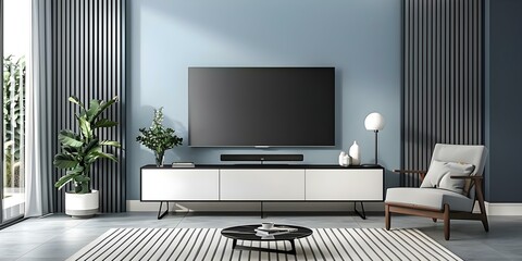 Modern White Living Room with TV Cabinet for Storage. Concept Home Decor, Modern Design, White Color Scheme, TV Cabinet, Storage Solution