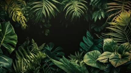 Tropical jungle border with central empty space, lush forest background, copy space for text