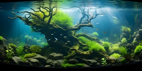 Aquascaping artist creates a vibrant underwater plant landscape in a fish tank. Concept Aquascaping, Underwater Plants, Vibrant Landscape, Fish Tank, Artistry