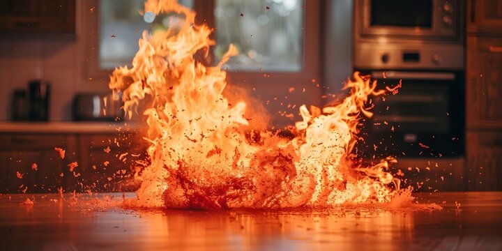 Blurred living room background with high-quality photo of red fire explosion in kitchen. Concept Blurred Living Room Background, High-Quality Photo, Red Fire Explosion, Kitchen, Dramatic Contrast