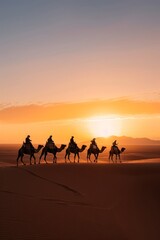 Ultra-sharp photo a majestic camel caravan crossing the Sahara desert at sunset