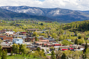 Fototapeta premium Aerial View of Downtown Steamboat Springs, Colorado, in the spring