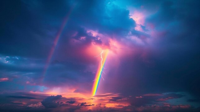 A stunning scene of a dramatic sky illuminated by a vibrant double lightning rainbow during sunset
