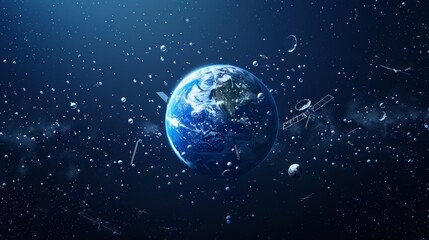 Fototapeta premium Planet Earth surrounded by satellites and debris in the vastness of space. Emphasizing the human impact on space with orbiting objects