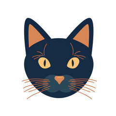 Face or head of black Cat front view. Cute pet animal. Cat or kitten icon. Vector illustration isolated on white background.