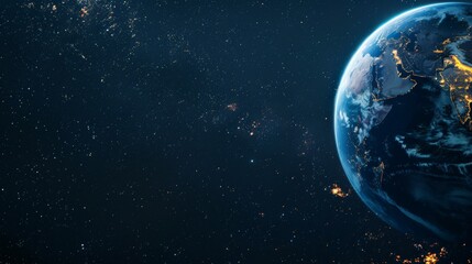 Obraz premium Stunning view of planet Earth illuminated by city lights against the dark expanse of space. Highlighting the connectivity and urbanization of our world