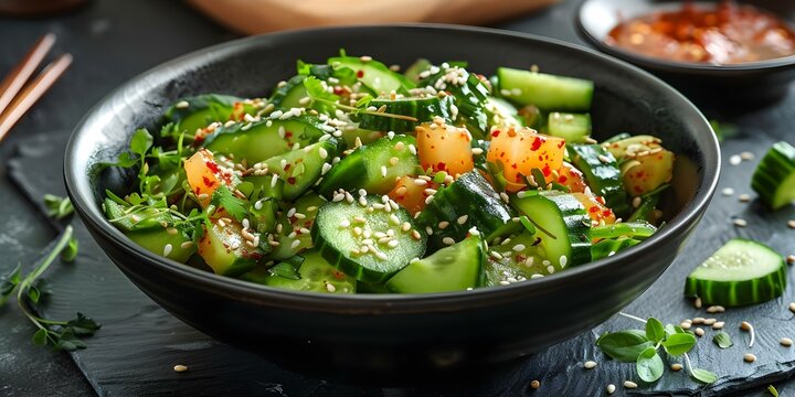 Savor the flavors of gourmet Oikimchi Korean cucumber salad with sesame in a contemporary black bowl. Concept Korean Cuisine, Gourmet Meals, Oikimchi Salad, Cucumber Dishes, Food Photography