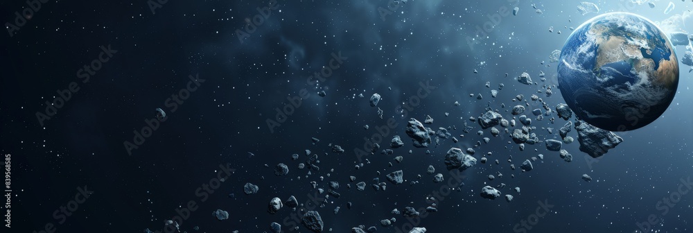 Aufkleber Striking image of Earth with an asteroid belt in the background. Highlighting the planet's vulnerability and the mysteries of space. Ideal for discussions on space debris and cosmic events