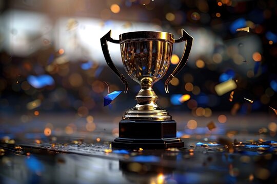 A gold trophy sits on a wooden surface, surrounded by confetti