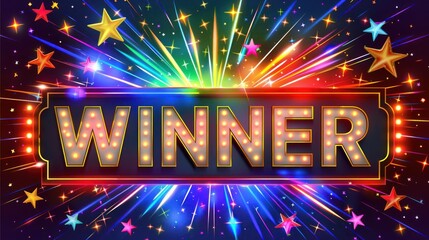 A digital illustration of a winner sign with colorful fireworks