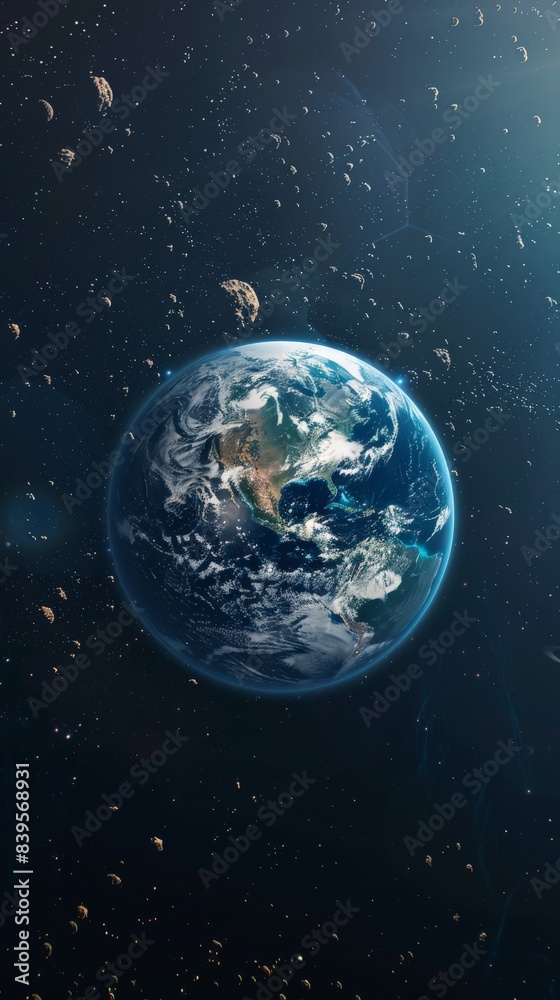 Aufkleber Captivating view of Earth amidst asteroids in space. Demonstrating the planet's interaction with cosmic bodies and the vastness of the universe. Perfect for educational and sci-fi content