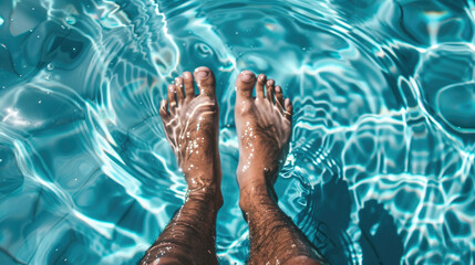 Top view of man leg. Feet in the water of the pool, top view