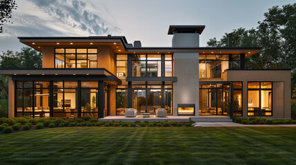 Modern luxury exterior of a classic suburban style house with warm cinnamon walls and expansive glass windows, highlighted by a sophisticated front yard.