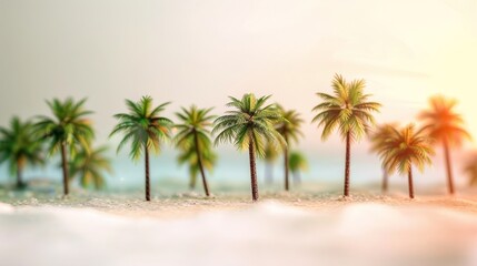 Tropical beach miniature palm trees sunset white background close up whimsical composite summer theme