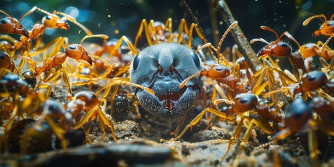 Close-up of a black ant surrounded by a group of red ants. AI.