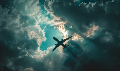 Naklejka premium Airplane flying high in the sky. AI.