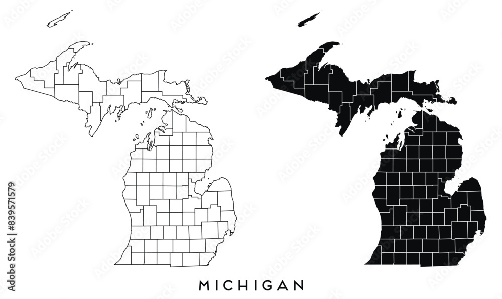 Poster michigan state map of regions districts vector black on white and outline