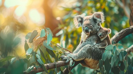 Koala mother and baby perched on a eucalyptus tree. Adult koala with a young joey in a natural setting. Concepts of wildlife, parenting, nature, Australian animals