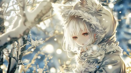 Fototapeta premium Sad girl with white hair in a winter forest wearing a furry hood with ears. Melancholic expression in a winter wonderland. Concepts of winter, solitude, fantasy, beauty, anime character