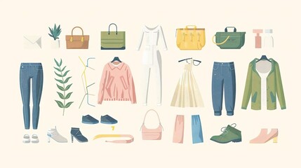 Collection of stylish clothing and accessories for women.