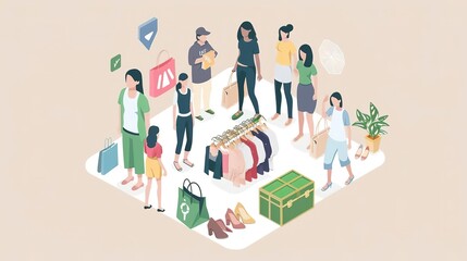 Diverse group of people shopping for clothes and accessories.