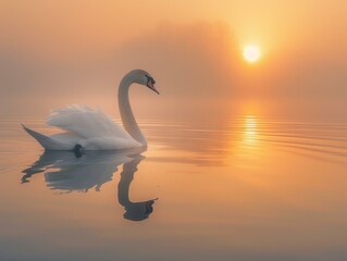 A serene swan glides through the still waters at sunrise, reflecting the beauty of the natural world. AI.