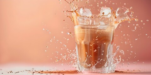 Studio banner with glass of cappuccino splashing ice on pastel gradient background. Concept Food & Drink Photography, Coffee Art, Cappuccino Splash, Pastel Gradient, Studio Shoot