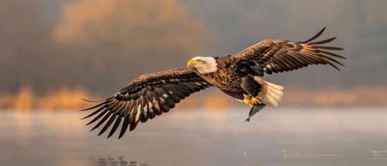 Fototapeta premium An eagle soars above the water, carrying a fish in its talons. AI.