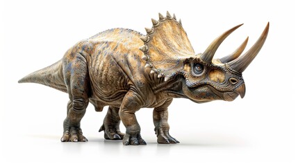 Obraz premium a lifelike Triceratops isolated on a white background, highlighting its distinctive three horns and frill.