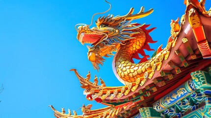 Obraz premium Colorful Asian dragon sculpture on temple rooftop. Concept of Chinese culture, mythical creature, tradition, spirituality