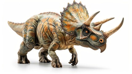 Naklejka premium a lifelike Triceratops isolated on a white background, highlighting its distinctive three horns and frill.