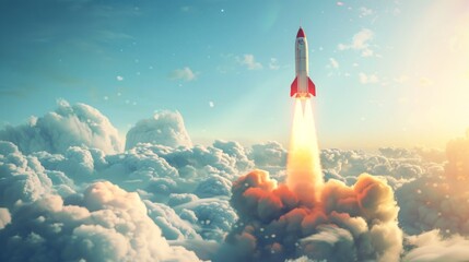 White and red rocket launching into the sky with clouds. Concept of space travel, exploration, aerospace engineering, adventure